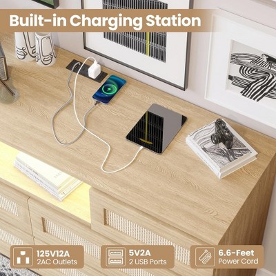 Natural Wood and Rattan Dresser with LED Light and Charging Station