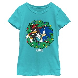 Girls Sonic the Hedgehog Christmas Wreath Poses T Shirt - 1 of 4