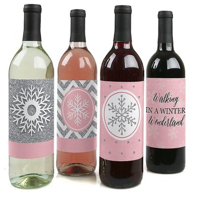 Big Dot of Happiness Pink Winter Wonderland - Holiday Snowflake Party Decorations for Women and Men - Wine Bottle Label Stickers - Set of 4