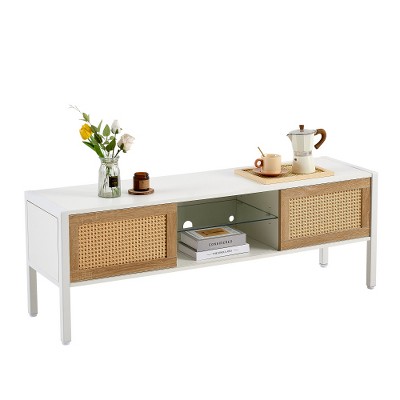 LIVAREEmlen 54.33" Rattan TV Cabinet,Double Sliding Doors for Storage,Adjustable Shelf, Metal Legs, TV Console for Living Room