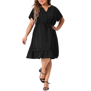 Agnes Orinda Women's Plus Size Elegant Short Sleeve Tie Waist Ruffle Hem At Knee Dresses - 1 of 4