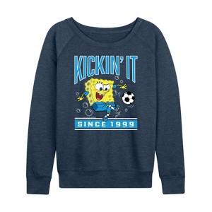 Women's - Spongebob Squarepants - Kickin It Since 1999 -Women's French Terry Pullover Lightweight French Terry Wide Neck Long Sleeve Shirt - 1 of 4