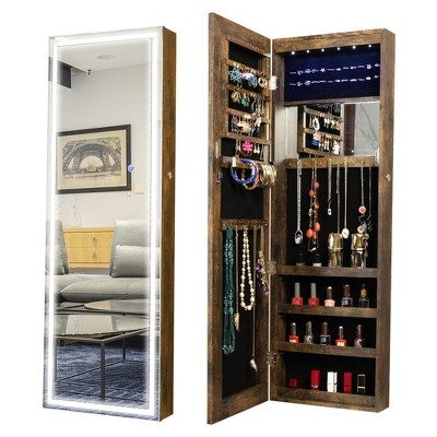 Wall Door Mounted Jewelry Armoire Cabinet With Lights, Lockable Jewelry Organizer Box, Hanging Jewelry Organizer