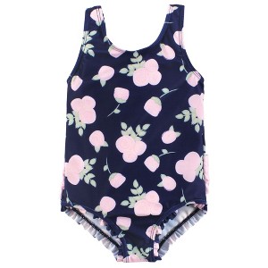 Hudson Baby Girls Toddler Swimsuit, Navy Rose - 1 of 2