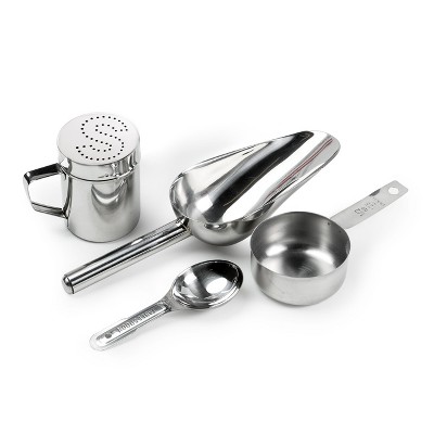 Olde Midway Stainless Steel Popcorn Machine Accessories, 4pc Set with Measuring Scoop, Spoons, and Salt Shaker