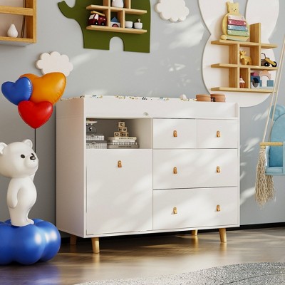 FUFU&GAGA White Baby changing table Storage cabinet Leather pulls Solid wood feet Large space Partitioned storage