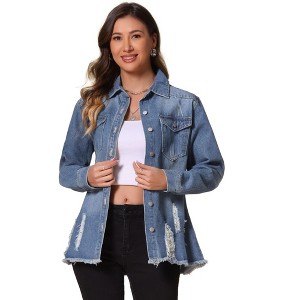 INSPIRE CHIC Women's Denim Oversized Frayed Hem Pockets Long Sleeve Button Down Jacket - 1 of 4