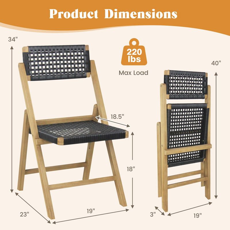 Costway 2/4 Piece Patio Folding Chairs with Woven Rope Seat & High Back Indonesia Teak Wood for Porch Natural&Black, 3 of 9
