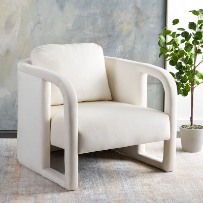 Sasha Cream Velvet Wood Accent Chair with Cut-Out Arms