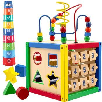 Wooden Activity Cube with Bead Maze, Shape Sorter, Abacus Counting Beads, Counting Numbers, Sliding Shapes - 5  in 1 - Play22Usa