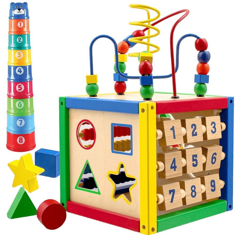 Wooden Activity Cube with Bead Maze, Shape Sorter, Abacus Counting Beads, Counting Numbers, Sliding Shapes - 5  in 1 - Play22Usa, 1 of 10