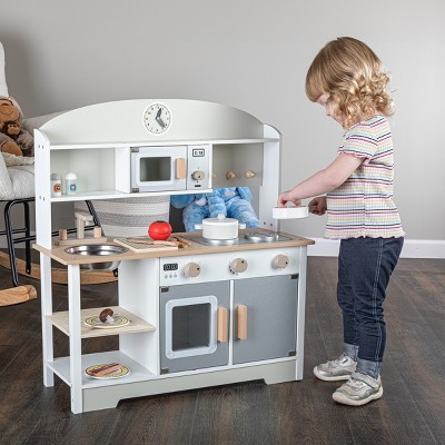 White and Gray Wooden Toddler Kitchen Playset with Accessories