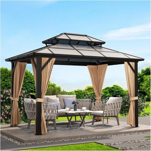 10x12FT Hardtop Gazebo with Double Layer Mesh Sidewall, Removable Curtains, and Sturdy Aluminum Frame, Double Top Sunshade, 76 Column Support - 1 of 4