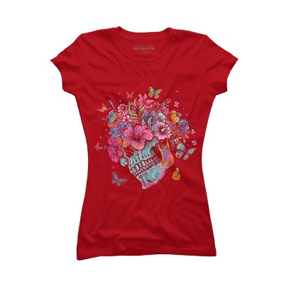 Junior's Design By Humans Floral Butterfly Skull Funny Halloween Costume Hippie Flower By JeilJersey T-Shirt
