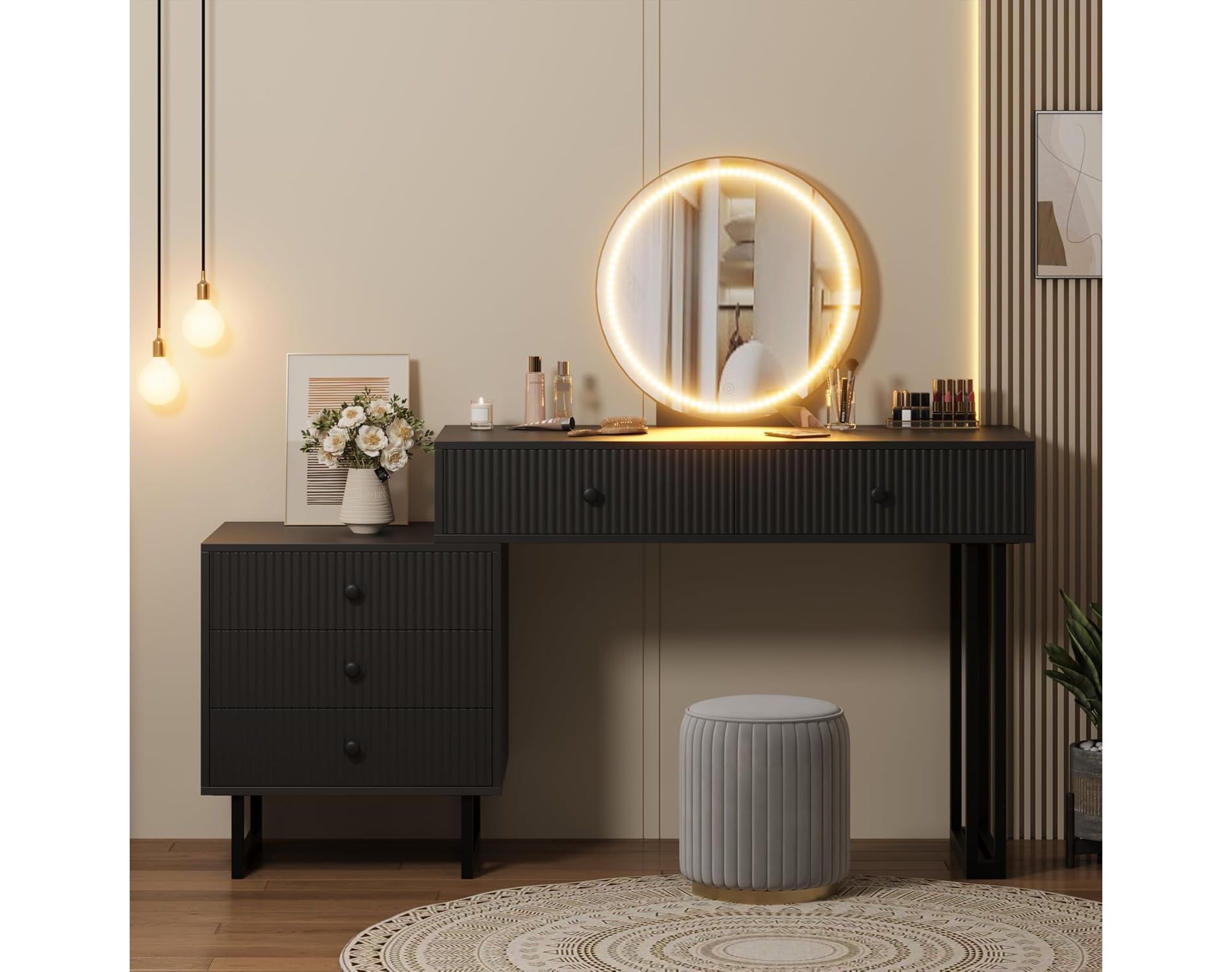 Acekool White Vanity Desk with Mirror and Lights, Modern Makeup Vanity Table with 5 Drawers, 3-Color LED, Adjustable Brightness for Bedroom