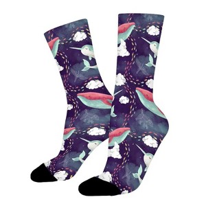Blue Whale Narwhal Roam Women Printed Crew Socks Funny Funky Socks Soft Polyester Novelty Gifts for Artists Men - 1 of 1