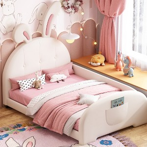 Twin Size Upholstered Bed, Rabbit Shape Princess Bed Frame for Boys and Girls, Twin Size Platform Bed with Headboard and End Panel for Kids - 1 of 4