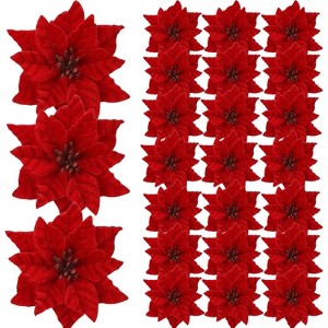 24 Pcs Artificial Poinsettia Flowers, 6.3" Large Velvet Christmas Floral Picks with Stems for Tree, Wreath, Garland, Wedding Ornaments - 1 of 4