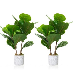 Orieon 2 Pack Faux Artificial Fiddle Leaf Fig Tree, 16" Faux Ficus Lyrata in White Marble Pot, Indoor Office Home Decor - 1 of 4