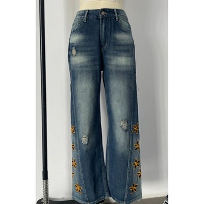 Mocamel Women's Wide - Leg Jeans, Distressed Denim with Yellow Floral Embroidery, High - Waisted Loose Fit Pants