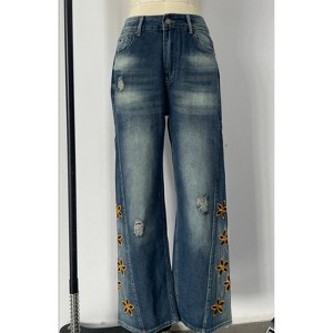 Mocamel Women's Wide - Leg Jeans, Distressed Denim with Yellow Floral Embroidery, High - Waisted Loose Fit Pants - 1 of 4