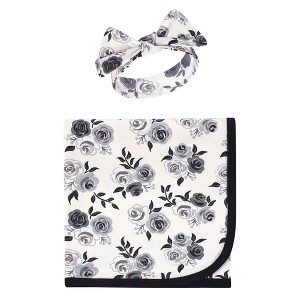Touched by Nature Baby Girl Organic Cotton Swaddle Blanket and Headband or Cap, Black Floral, One Size - 1 of 4