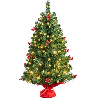 Yaheetech 2Ft/3Ft Tabletop Christmas Tree with LED Lights & Red Berries, Green