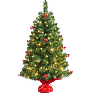 Yaheetech 2Ft/3Ft Tabletop Christmas Tree with LED Lights & Red Berries, Green - 1 of 4