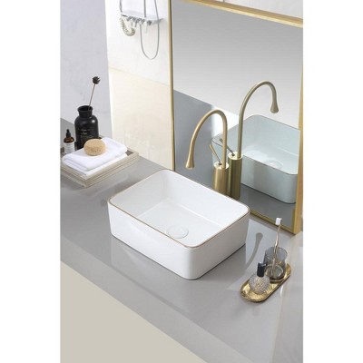 White with gold trim Vessel Bathroom Sink Basin in White Ceramic Single Basin Ceramic Farmhouse Kitchen Sink with Basket Strainer