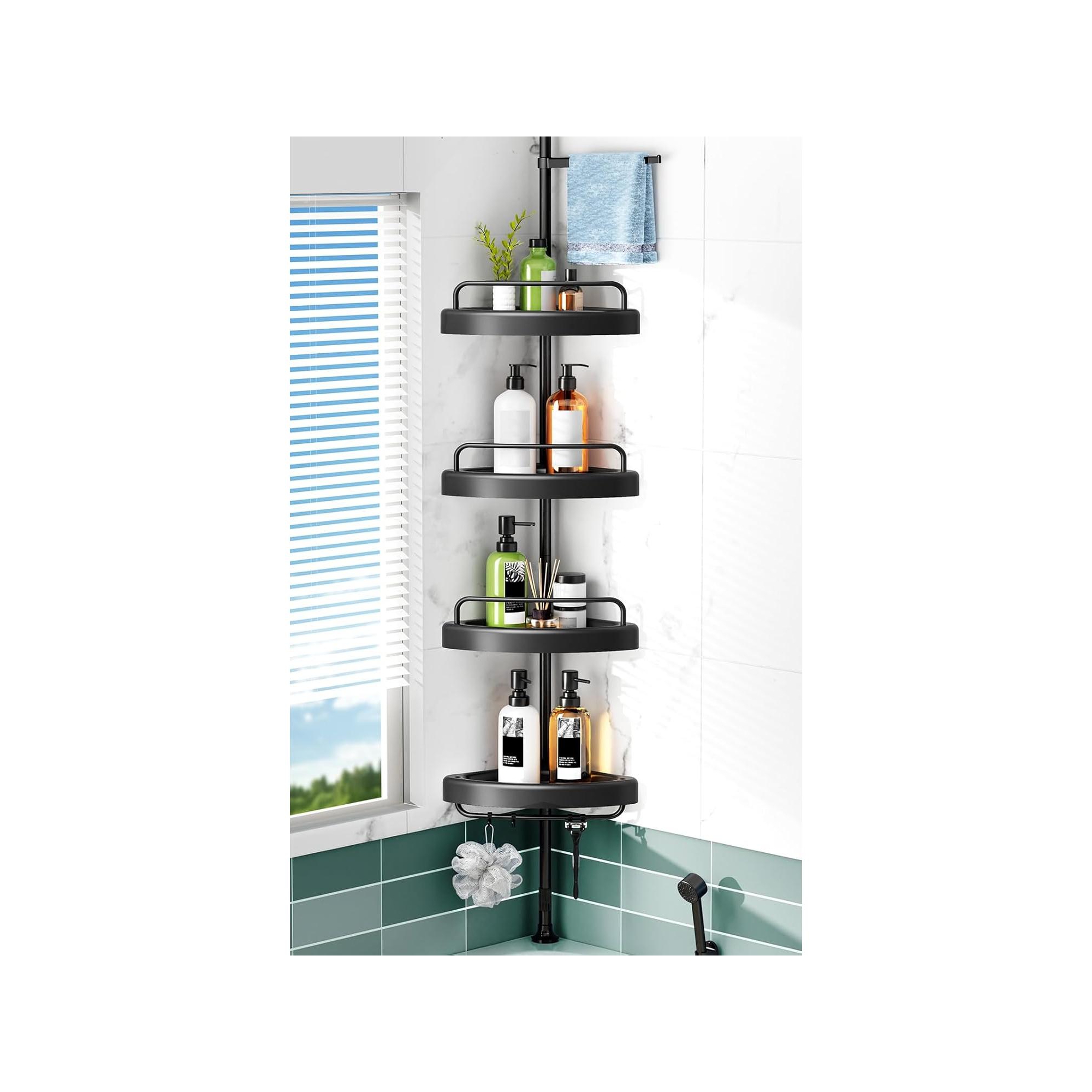 HAMITOR Corner Shower Caddy: Adjustable 55-122 Inch, 4-Tier ABS Basket, Stainless Steel Tension Pole, Space-Saving Bath Organizer.