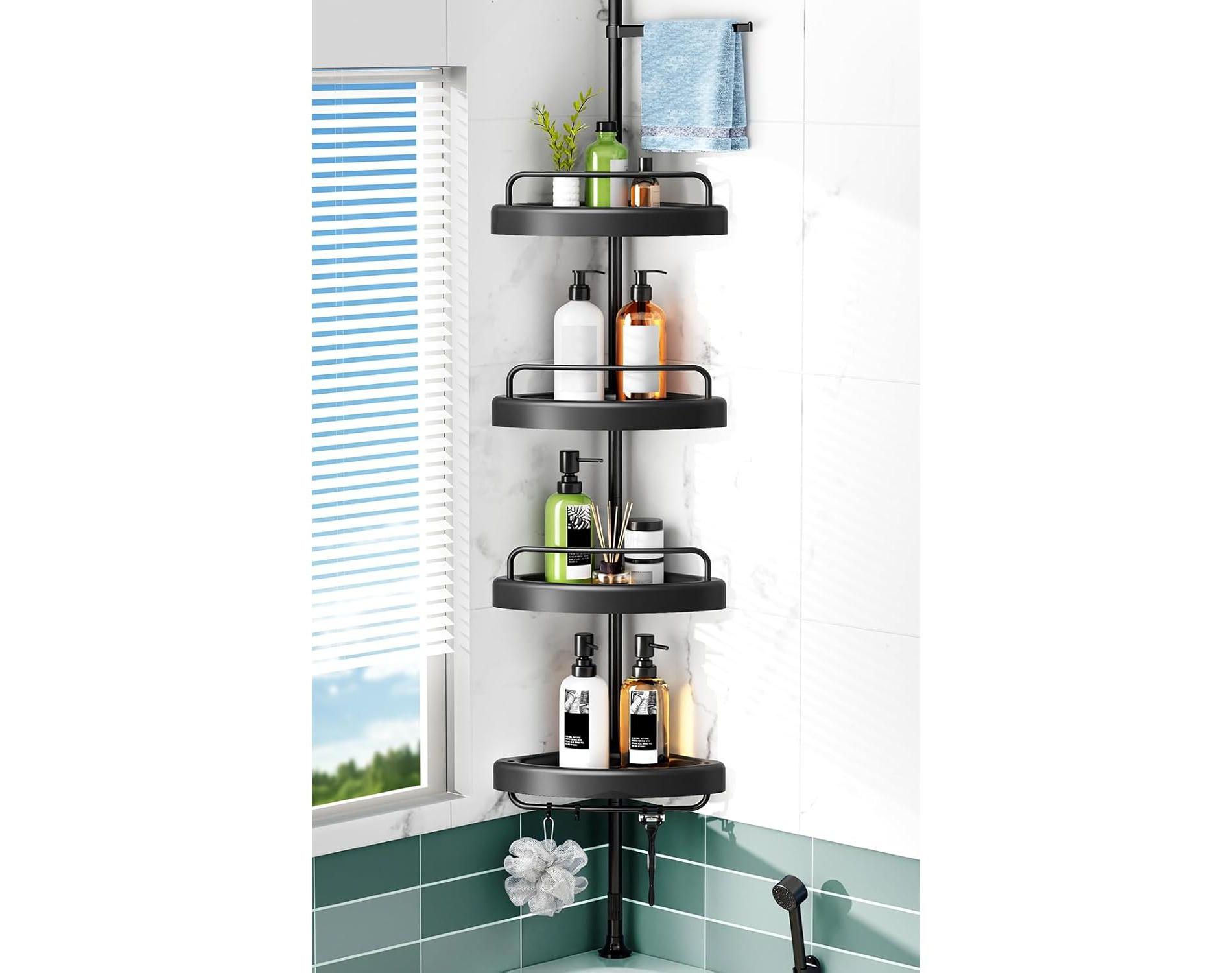 HAMITOR Corner Shower Caddy: Adjustable 55-122 Inch, 4-Tier ABS Basket, Stainless Steel Tension Pole, Space-Saving Bath Organizer.