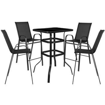 Emma and Oliver 5 Piece Outdoor Bar Height Set-Glass Patio Bar Table-Black All-Weather Barstools