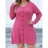 Women's Plus Size V-Neck Mini Dress A-Line Button Detail Ribbed Knit Stretch Long Sleeve Dresses - 2 of 4