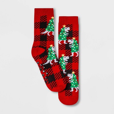 Women's Buffalo Plaid T-Rex Terry Lined Holiday Crew Socks with Grippers - Wondershop™ Red/Black 4-10