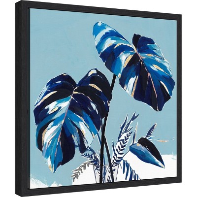 Blue Monstera Leaves Canvas Print with Black Frame