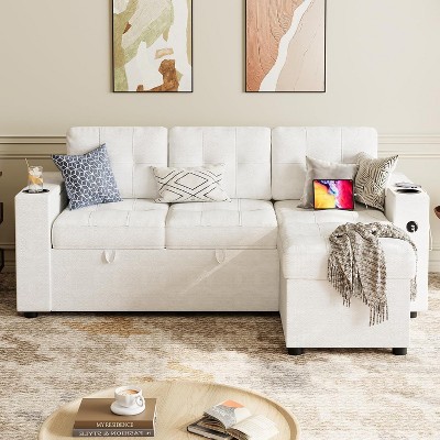 84" L Shaped Couches for Living Room, Convertible Sectional Sofa Bed With 2 Storage Arms and 2 Charging Ports, Side Pockets
