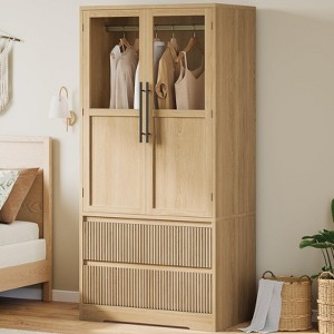 Bedroom Wooden Armoire Wardrobe Closet, Wardrobe Armoire Cabinet with Wood Doors and 2 Drawers, Freestanding Cabinet with Shelves - 1 of 4