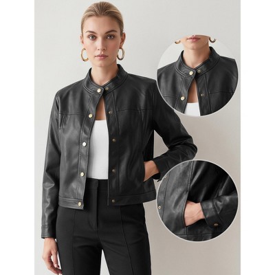 Женские куртки INSPIRE CHIC Women's Collarless Vintage Cropped Long Sleeve Snap Button Casual Faux PU Moto Outerwear Jackets M Black — фото 2