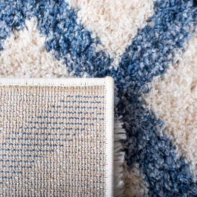 Ivory and Blue Geometric Shag Area Rug, 5'3" x 7'6"