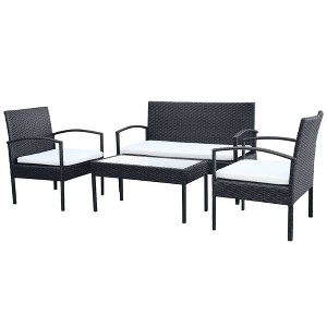 vidaXL-Patio-Lounge-Set-4-Piece-Weather-Resistant-Poly-Rattan-Black-with-Cream-White-Cushions-Sturdy-Steel-Frame - 1 of 4