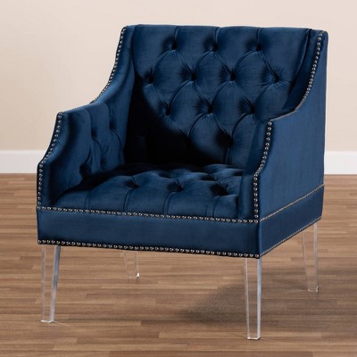 Elegant Navy Blue Velvet Lounge Chair with Clear Acrylic Legs