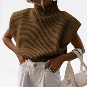 Womens Turtle Neck Cap Sleeve Sweater Vest Rib Knit Sweater Tops Pullover Sleeveless Sweater Chunky Sweater Tank Top - 1 of 4