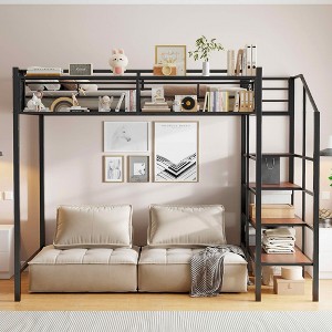 MAYEERTY Twin Size Metal Loft Bed, Upper Grid Storage Shelf Lateral Ladder, Bedroom, Black - 1 of 4