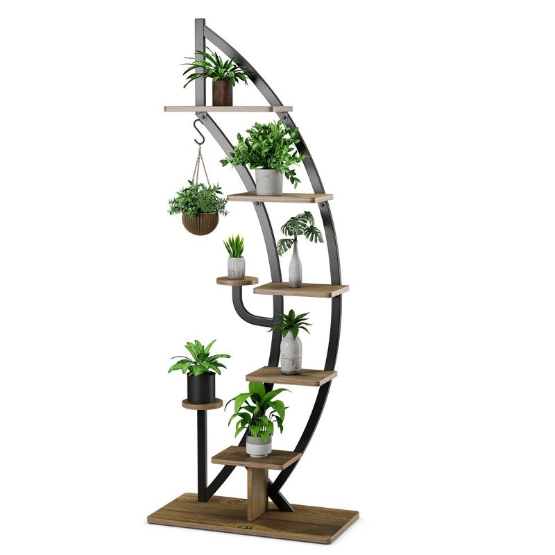 Tangkula 6 Tier 9 Potted Metal Plant Stand Rack Curved Stand Holder Display Shelf w/ Hook, 1 of 10