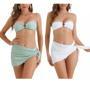 INSPIRE CHIC Women's O Ring Bandeau Ribbed Triangle Bottoms with Cover Up Bottoms Swimwear Bathing Bikini Suits 2 Sets - 1 of 4