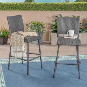 TOAOTBNBOB Industrial Armless Barstools Set of 2, Outdoor Bar Chair with Curved Footrest, Comfortable Bar Stools with Wicker Seats - 1 of 4