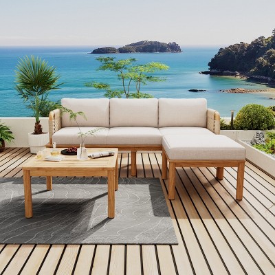 Outdoor 3-Piece Patio Sofa Set with Acacia Wood Frame, Beige Cushions and Rope Design for Garden or Deck Relaxation Area-Cuddlewood