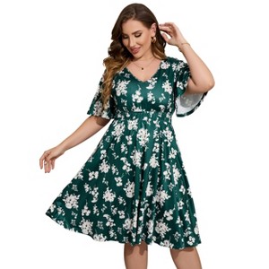 Women's Plus Size Boho Floral V Neck Ruffle Short Sleeve Dress Elastic High Waist A Line Dress - 1 of 4