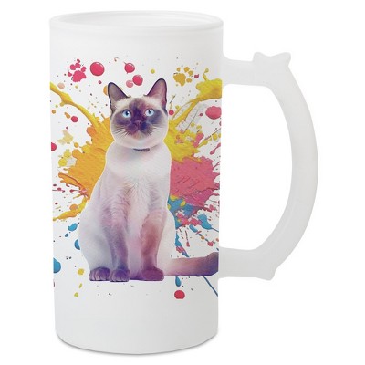 100 North Freezable Beer Stein Mug With Thumb Grip Handle, 16 Ounce Frosted Glass, Siamese Cat Paint Splatter