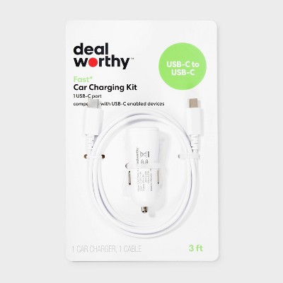 1-Port 20W Car Charger with 3' PVC USB-C to USB-C Cable - dealworthy™ White